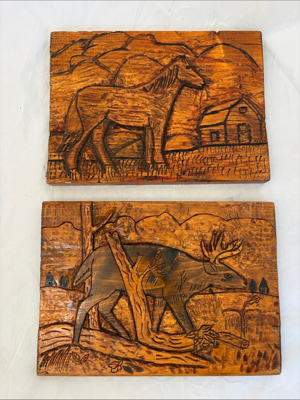 Hand-Carved Folk Art Rustic Brown Wall Plaques - Horse & Deer Set 7” by 10”